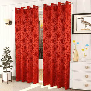 Ella Red Color Floral Window Curtain   Set of 2