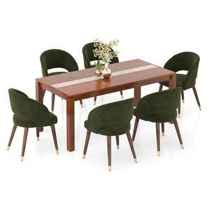 Atlas Crest Solid Wood 6 Seater Dining Table In Honey Finish with 6 Celia Accent Dining Chair in Deep Olive Velvet Fabric in Dark Teak Finish