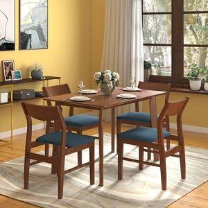 Augusta Solid Wood Dining Chair Set Of 2 In Dark Walnut Finish With Blue Fabric Colour