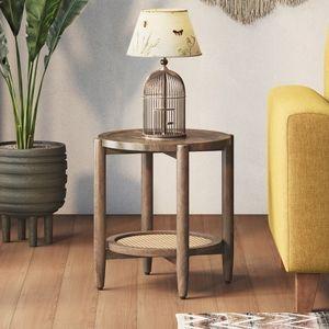 Tora Solid Wood and Cane Side Table In Danish Walnut Finish