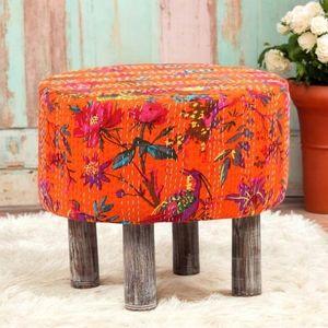 Collio Solid Wood Ottoman Pouffee in Bird Print Orange Ethnic Kantha fabric