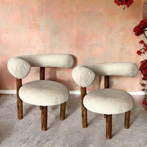 Westfield Sheesham Wood Mid Century Set of 2 Lounge Chair in Off White Soft Boucle Fabric Upholstery