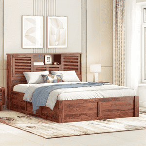 Cambry King Size Hydraulic Storage Bed With Headboard Storage In Honey Finish