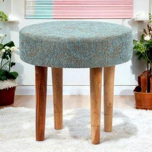 Nayla Solid Wood Stool in Textured Cyan Blue Jackard fabric