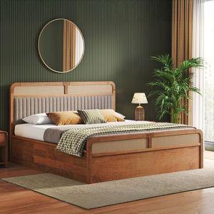 Hanoi Solid Wood + Cane King Size Hydraulic Storage Bed In Amber Walnut Finish, Fabric Shitake Beige Fabric