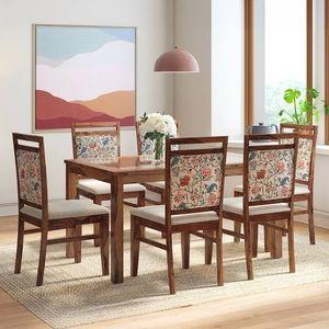 Floyd 6 Seater Glass Top Dining Table With Set Of 6 Alaine Dining Chairs (Colour- Calico Floral Retreat and Pony Beige, Finish- Teak)