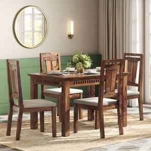 Fidora 4 Seater Dining Table With Set Of 4 Martha Dining Chairs (Colour- Wheat Brown, Finish- Teak)
