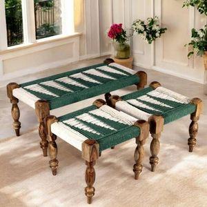 Oakville Sheesham Wood Vintage Seater Maachi Bench Set 2 Stools In Green White Rope