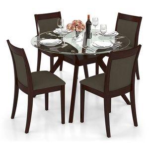 Wesley - Dalla 4 Seater Round Glass Top Dining Table Set (Colour- Grey , Finish- Dark Walnut)