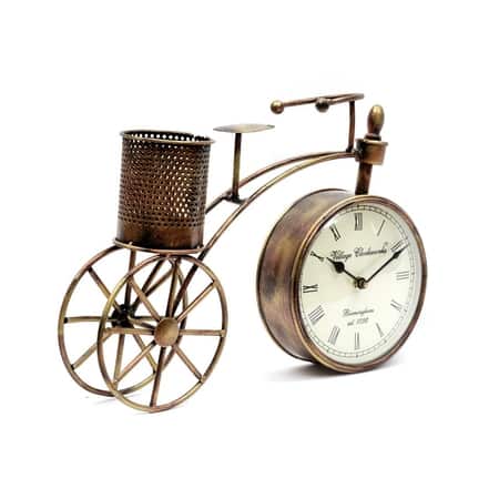 Desert Art Metal Handpainted Cycle Showpiece with Table Clock and Pen Stand