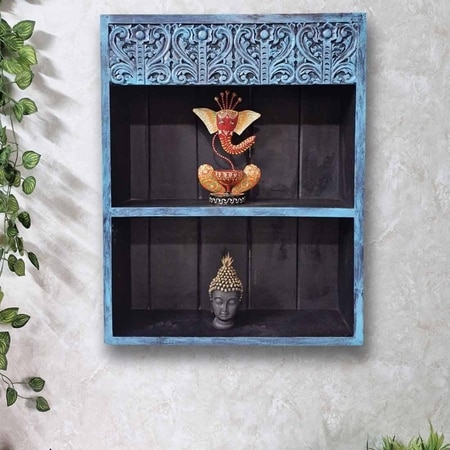 Azov Teal Colour Solid Wood Handcarved Box Style Floating Wall Shelf with compartment