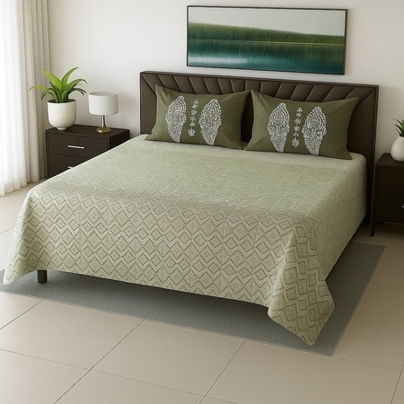 Multicolor Green Shade Abstract 400 TC Cotton Flat Super King Size Bedsheet With 2 Pilllow Covers