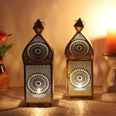 Hanging Etching Square Lantern Set Of 2 In Gold Colour