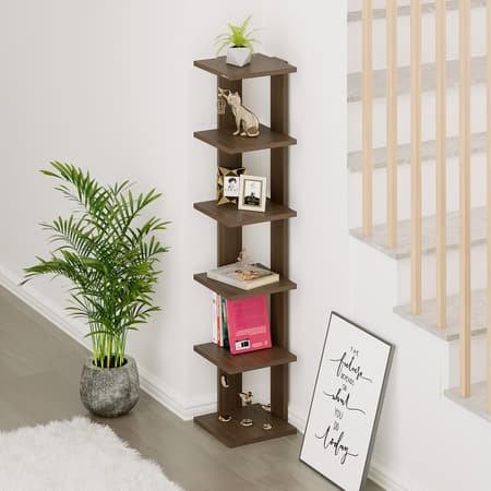 Bluewud Wudville Braine Engineered Wood Wall Mount Corner Shelf, Display Rack, (6 Square Shelves - Wenge)