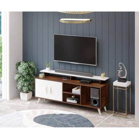 Skiddo Engineered Wood TV Entertainment Unit Set Top Box Stand/TV Cabinet with Shelves for Books & Decor Display Unit Bed Living Room Upto 50 Inches - DIY (Brown Maple & White)