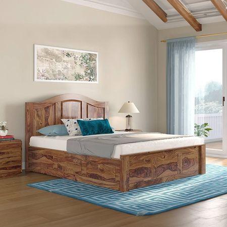 Ballito Solid Wood Queen Size Box Storage Bed In Teak Finish