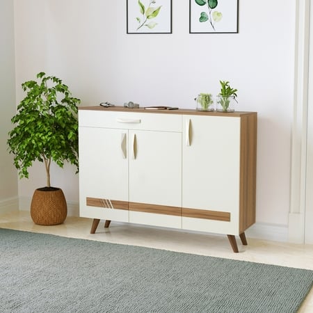 BLUEWUD Kaspen Engineered Wood Dual Tone 3 Doors Shoe Rack Cabinet Slipper Footwear Stand Organizer Sideboard with Drawer for Living Room Home 16 Pairs (Walnut & White)