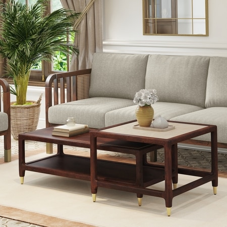 Sera Rectangular Solid Wood and Square Marble Nested Coffee Table in Walnut Finish