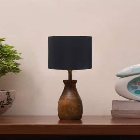 Devansh Black Cotton Table Lamp With  Wood Natural Base (7X13 Inches)-3