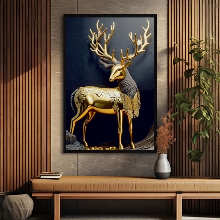 The Castle Decor Golden Deer Wall Painting Framed Artwork 20x30 Inch