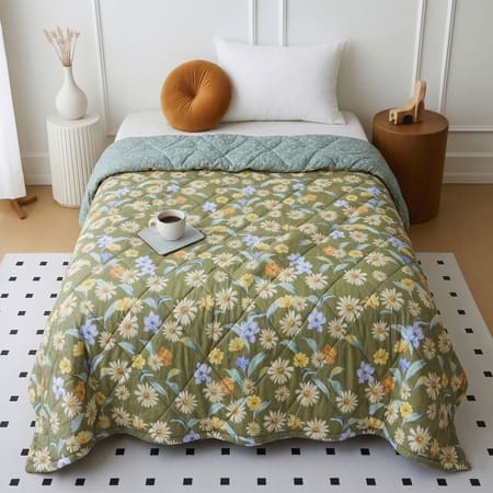 Green Foral Comfoter Reversible Cotton Feel 350 Gsm Single Bed 240 X 160 Cms