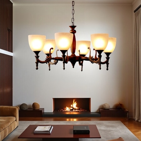 Eliante 6-Light Chandelier, Mild Steel And Glass, Modern Hanging Ceiling Light For Living Room Or Dining Room