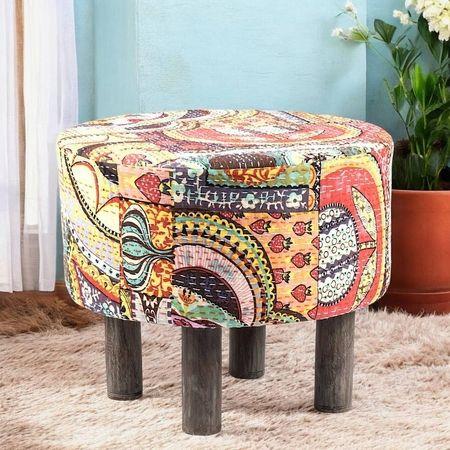 Collio Solid Wood Pouffee in Multicolour Patch Kantha Fabric