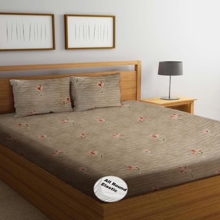 Eden Peach Floral 350 TC Glaze Cotton Fitted Queen Size Bedsheet with 2 Pillow Covers – Threads