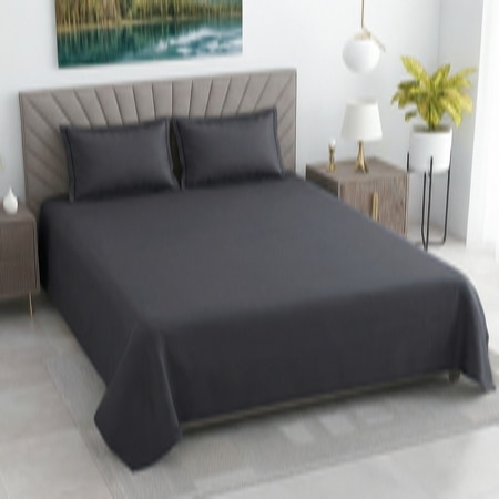 Kian Slate Grey Solid Plain 400 TC Cotton Satin Flat Super King Size Bedsheet with 2 Pillow Covers – Threads