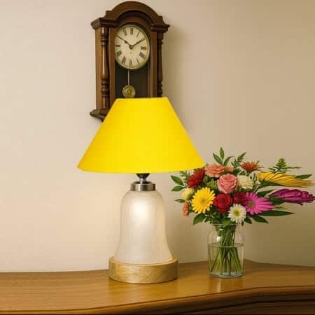 Devansh Conical Yellow Cotton Shade Lamp With Wood & Mosaic Glass Base For Decoration/Office/Home/Gifting/Study For Decoration/Office/Home/Gifting/Study -(10X10X14.5) Inches -A