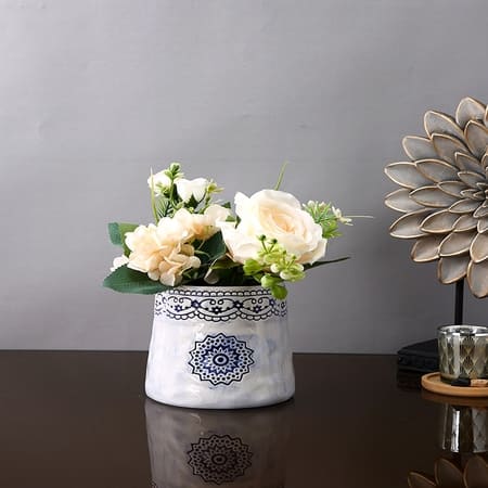 White and Blue Embroidered Ceramic Vase