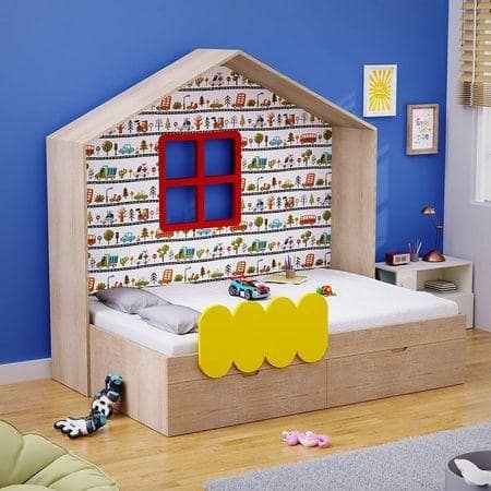 Little Hut Engineered Wood Drawer Storage Bed in Brown Colour