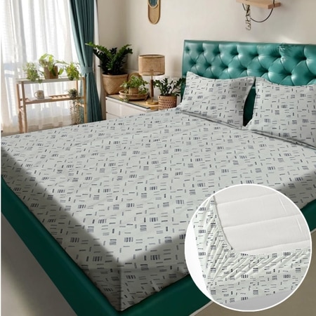 White Abstract 180 TC Fitted 1 King  Bedsheet with 2 Pillow Covers