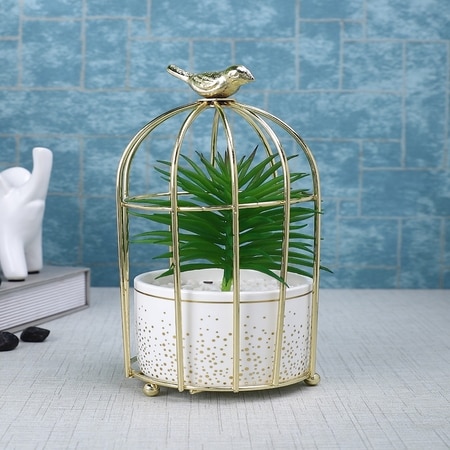 Faux Plant In Ceramic Pot With Attractive Bird Cage