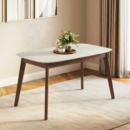 Lunar Solid Wood and Carrara White 6 Seater Dining Table in Honey Finish