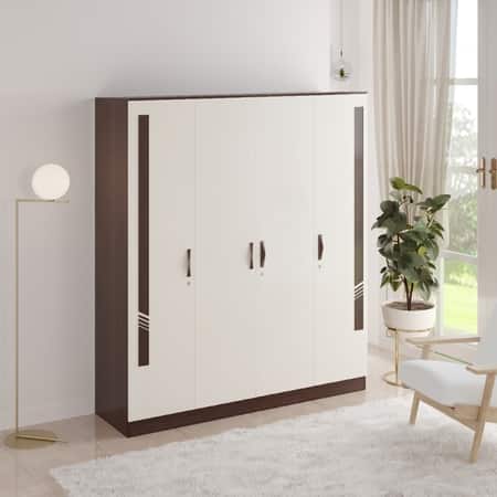 BLUEWUD Andrie Engineered Wood 4 Door Wardrobe/Clothes Storage Rack Organizer Almirah Cupboard with Hanger Rod Drawers and Shelves for Bedroom Home Furniture (Without Mirror, Wenge & White)