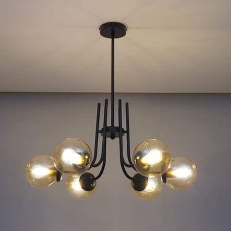 Karousel 6 Arm Black And Amber Globe Glass Chandelier Ceiling Light