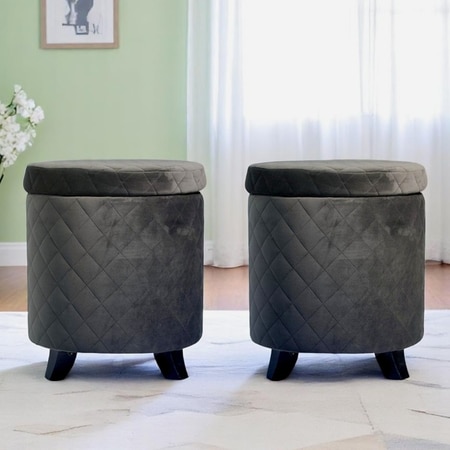 Orl o Solid Wood Accent Round Set of 2 Ottomans in Iron Grey Velvet Upholstery Storage