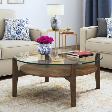 Cayman Round Glasstop Coffee Table with Storage in Danish Walnut Finish