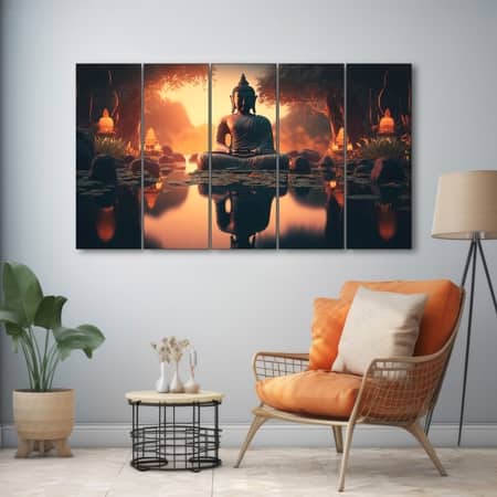 The Castle Decor Lord Buddha Meditation Wall Painting Wooden Framed 27x48 Inch (Style 24)