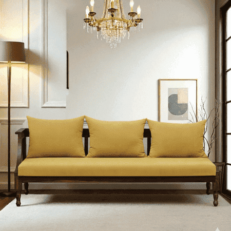 Heston 3 Seater Seater Wooden Sofa in Yellow Fabric
