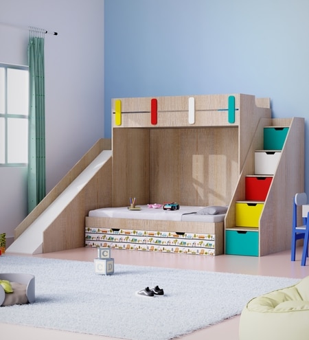 Sleep N SlideBunk Bed 6X5 Drawers On Wheels In Oak and Yellow Colour