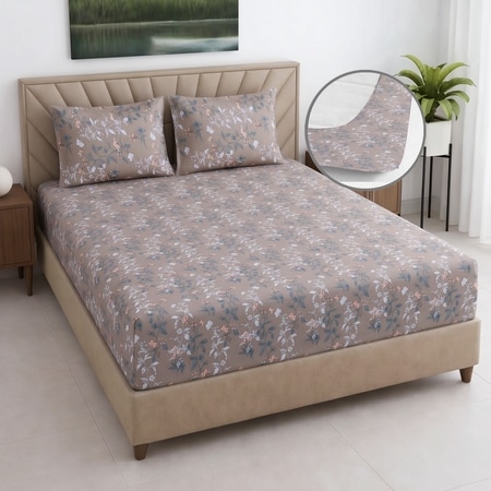 Taupe Floralcotton400 Tcfitted  Double Queen Size Bedsheet With 2 Pillow Covers