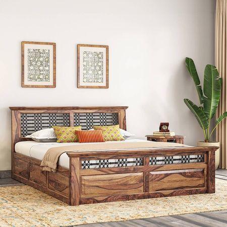 Bunai Solid Wood King Size Box Storage Bed In Teak Finish