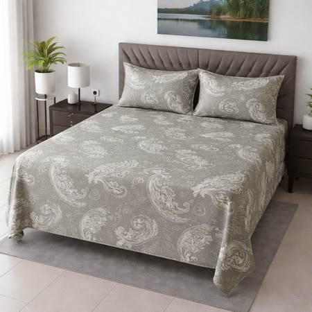Soren Grey Brown Floral 400 TC Cotton Flat Queen Size Bedsheet with 2 Pillow Covers – Threads