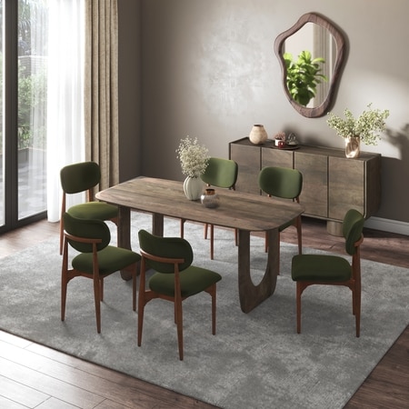 Aero Solid Wood 6 Seater Dining Table With 6  Ollie Dining Chairs (Finish : Danish Walnut, Chair Colour : Deep Olive Velvet)