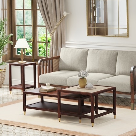 Sera Rectangular Solid Wood and Square Marble Nested Coffee Table with Square Solid Wood Side Table in Walnut Finish