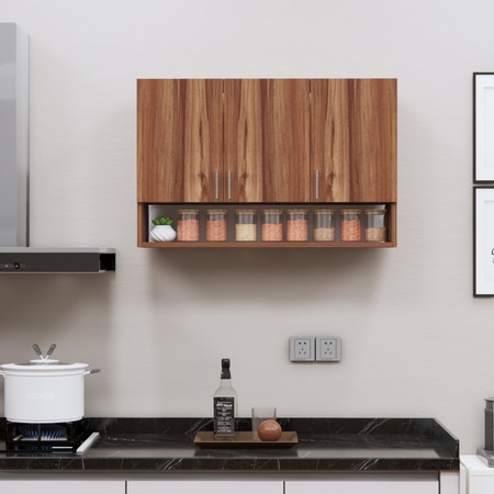 3 Doors Modular Wall Mounted Kitchen Cabinet With Organizer Shelf In Aisan Walnut Finish