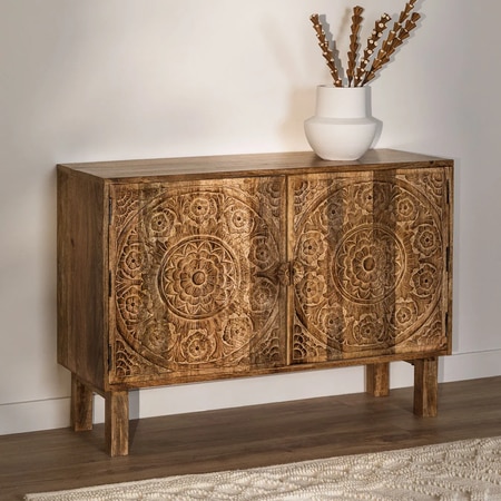 Cayene Solid Mango Wood Sideboard with 2 Door Handcarved in Natural Finish