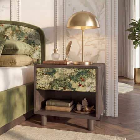 Eden Upholstered Solid wood Bedside Table in Berry Orchid Fabric Colour with Danish Walnut Finish